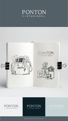 an open book with the title'ponton interiors'written in black and white