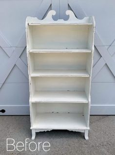 an old white bookcase is painted with chalk paint to look like it has been turned into a shelving unit