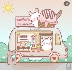 an ice cream truck with cartoon animals on top