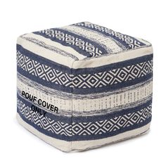 a blue and white pouf covered ottoman with the words pouf cover only on it