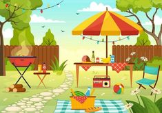 a picnic scene with an umbrella, table and chairs