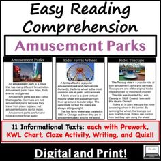 an amusement park poster with information for reading and writing, including instructions to help students learn how