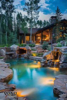 A luxurious log cabin nestled in a forest, featuring a stunning natural rock pool with cascading waterfalls, surrounded by lush trees and illuminated at dusk, creating a serene and magical outdoor oasis. Utility Room Designs, Forest Retreat, Enchanting Forest