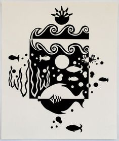 a black and white drawing of an ocean scene with fish, waves, and bubbles