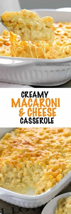 creamy macaroni and cheese casserole in a white dish