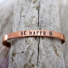 Be Happy Hand Stamped Cuff Bracelet - Inspirational Bracelet - Mantra Jewelry - Motivational Jewelry - Encouragement Jewelry by StampAndSoul on Etsy Encouragement Jewelry, Handstamped Jewelry, Hand Stamped Cuff Bracelet, Motivational Jewelry, Fundraiser Ideas, Handstamped Bracelet, Stamped Spoons, Inspirational Bracelets, Hand Stamped Necklace