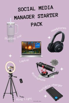 the social media manager starter pack includes headphones, microphone, flash light, laptop and camera