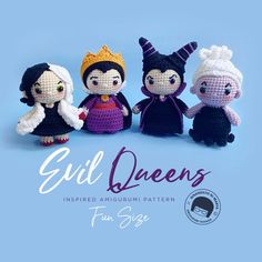 three amigurmi dolls are posed in front of a blue background with the words girl queens written on it