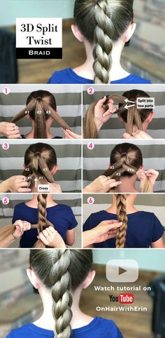 How to do a 3D Split Braid Step-by-Step 😊To see the full tutorial head to my You Tube Channel: On Hair With Erin Braid How To Do Step By Step, Diy Hair Braids Step By Step, How To Do A 3d Braid, 3 D Braids, Twist Braid Tutorial Step By Step, Braided Hair Tutorials Step By Step, How To Do Braids Step By Step, Step By Step Braids On Yourself, 3d Braid Tutorial