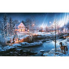 a painting of a winter scene with people and horses in the snow near a house