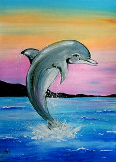 a painting of a dolphin jumping out of the water at sunset with its mouth open