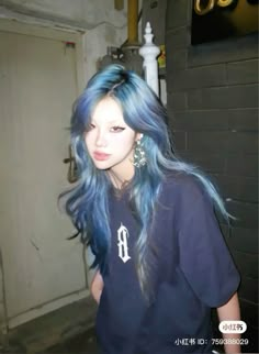 Blue Purple And Teal Hair, Stunk Strip Hairstyles Blue, Periwinkle And Black Hair, Blue And Black Hair Aesthetic, Long Teal Hair, Side Part Dyed Hair, Kawaii Hair Color Ideas, Colored Hair With Black, Underpart Hair Dye