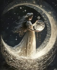 a woman holding a crystal ball on top of a crescent with stars in the sky