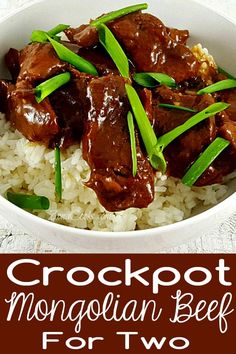 crockpot mongolian beef for two with rice and green onions in a white bowl