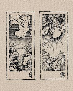 two panels with clouds and sun above them, each panel is drawn in black ink