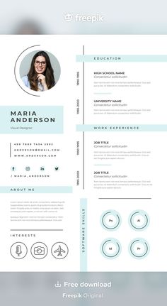 a clean and modern resume template with blue accents on the front, side and back