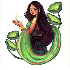 a drawing of a woman with long black hair holding a green plant in her hand