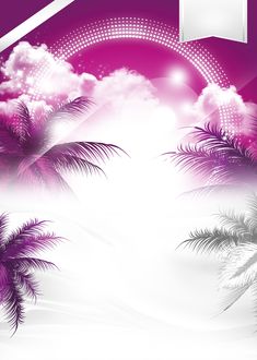 a purple and white background with palm trees in the foreground, an empty sign above it