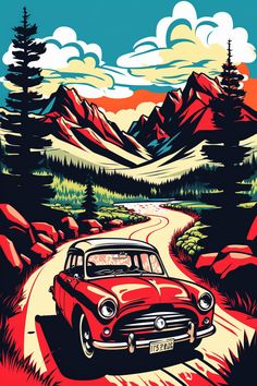 an old red car driving down a dirt road in the mountains with pine trees on either side