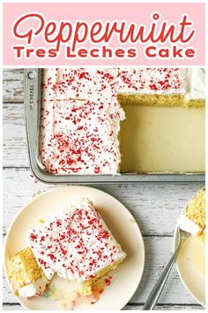 two plates with slices of cake on them next to a pan filled with the same cake