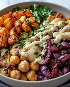 Roasted Veggie and Chickpea Bowls with Maple-Dijon Tahini Dressing Bbq Chickpea Bowl, Vegetarian Recipes Summer, Veg Meal Prep, Chickpea Bowls, Trader Joes Vegetarian, Chickpea Bowl, House Manager, Bbq Chickpeas, Fakeaway Recipes