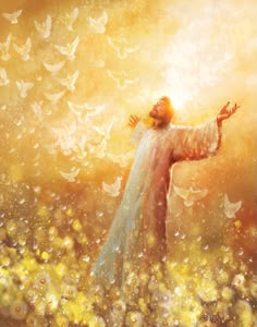 a painting of jesus in the midst of birds flying over him, with his arms outstretched