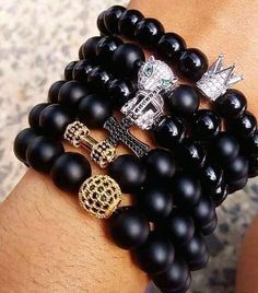 Black bracelets with various designs Beads Bracelets For Men, Male Bracelets, Agate Stone Jewelry, Agbada Design, Mens Leather Sandals, Bead Charms Diy, Beads Bracelet Design, Beads Bracelets, Handmade Fashion Jewelry