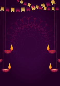 diwaling candles and garlands hanging from strings on purple background