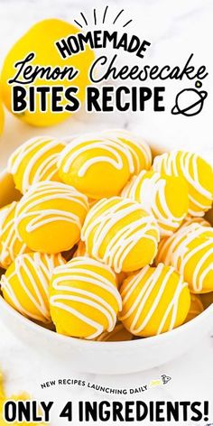 a bowl filled with yellow and white striped cookies next to lemons on a table