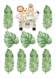 watercolor jungle animals driving in the back of a green car surrounded by palm leaves