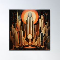 an art deco poster with futuristic cityscape in orange and black tones, on a white background