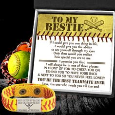 a baseball themed bracelet with an inspirational poem on it next to a softball glove and ball