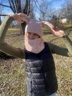 Cute as a button, this cozy bunny balaclava complete with fluffy ears is the perfect way to be cute and comfy!!   * Crocheted with super soft bulky wool blend yarn. * Face hole is large enough to pull under your chin or wear over your nose.  * check out the other animals available! Bunny Ski Mask, Bunny Balaclava, Face In Hole, Handmade Bunny, Hat Wool, Crochet Cap, Wool Caps, Pink Rabbit, Yarn Stash