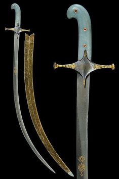 two swords with gold and silver handles, one is larger than the other in size