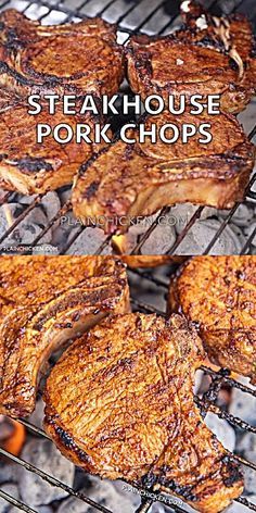 steaks and pork chops cooking on the grill with text overlay that reads steakhouse pork chops