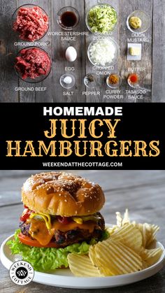 plus, a second image shoA juicy burger served with chips plus a second photo showing all of the ingredients needed to make it! Homemade Hamburger Recipes, Best Hamburger Patties, Homemade Burgers Patties, Best Juicy Burger Recipe, Hamburger Patty Recipe, Ground Beef Burger Recipe, Juicy Burger Recipe, Making Burger Patties