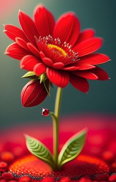 a red flower with green leaves on top of it and a ladybug in the middle