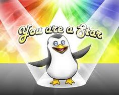 a penguin is standing in front of a colorful background with the words you are a star