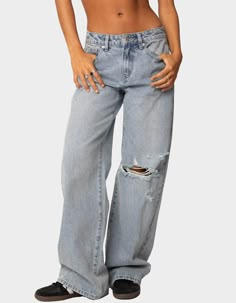 Add Some Edge To Your Closet With These Distressed Jeans, Featuring A Wide Leg For That Extra Element Of Grunge. Paired With A Cute Tee, You'll Always Feel Like The Ultimate Cool Girl. Jeans. Mid Rise Waist. Wide Leg Fit. Distressed Denim Fabric. 100% Cotton. Model Wears Size S. Model Height Is 5'8. Item Care: Machine Wash At Maximum Of 30ºc, Do Not Bleach, Tumble Dry Low, Iron At A Maximum Of 110ºc, Do Not Dry Clean. | Edikted Adam Distressed Wide Leg Jeans Rip Baggy Jeans, Edikted Jeans, Distressed Wide Leg Jeans, Ripped Baggy Jeans, Cutest Clothes, Chino Pants Women, Wwe T Shirts, Girl Jeans, Christmas Clothes