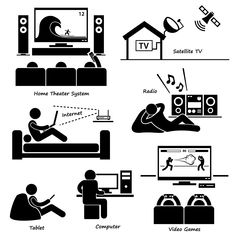 various types of televisions and devices in black and white, including people sitting on couches