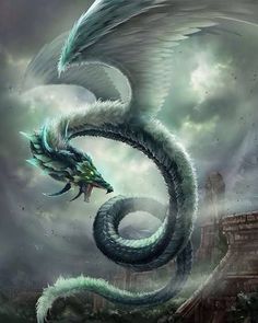 a green dragon with white wings flying through the air