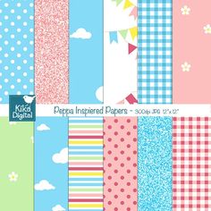 a set of paper with different patterns and designs on it, including clouds, polka dots,