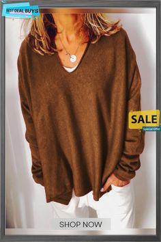 Red Long Sleeve Casual Shirts & Tops Brown Solid Color Top For Winter, Casual Brown Tops For Winter, Brown Solid Color Winter Top, Casual Brown Winter Tops, Plain V-neck Top For Fall, Oversized Plain Top For Winter, Winter Solid Color Relaxed Fit Tops, Plain Brown Tops For Fall, Relaxed Fit V-neck Top For Winter