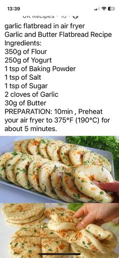 the recipe for garlic flatbreads is shown in two different pictures, one with an image