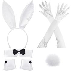 white rabbit ears, gloves and headbands with black bow tie on the side