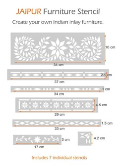 the japlur furniture stencil is shown in different sizes and colors, with measurements