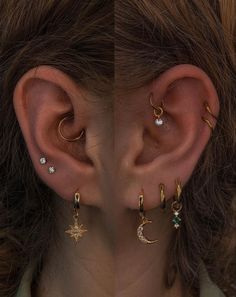 two pictures of the same ear with different types of piercings on each one side