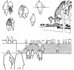 an image of people walking in the park with trees and buildings behind them, as well as birds flying overhead