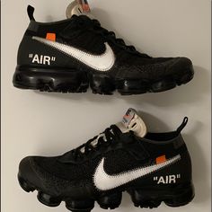 Size: 8 M / 9.5 W Condition: Gently Used The Off-White X Air Vapormax Released As Part Of The Ten Collection. The Shoe Emerges With A Black Flyknit Upper Accented By An Oversized White Swoosh, With Minimalist Branding That Includes 'Air' Above The Vapormax Sole Unit And 'Shoelaces' On The Shoelaces. A Retro-Style Tongue Emerges In Off-White, While The Medial-Side Branding Notes The Silhouette's Debut Year. Minimalist Branding, Off White X Nike, Air Vapormax, Nike Air Vapormax, 8 M, Mens Shoes Sneakers, Shoe Laces, Nike Shoes, Retro Fashion