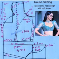 a drawing of a woman in a blue dress with measurements on the bottom and side